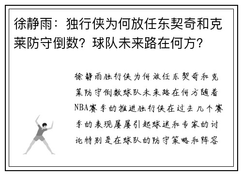 徐静雨：独行侠为何放任东契奇和克莱防守倒数？球队未来路在何方？