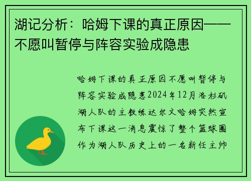 湖记分析：哈姆下课的真正原因——不愿叫暂停与阵容实验成隐患