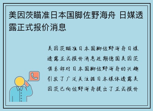 美因茨瞄准日本国脚佐野海舟 日媒透露正式报价消息