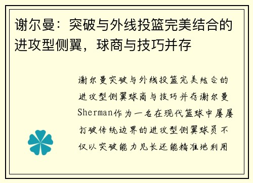 谢尔曼：突破与外线投篮完美结合的进攻型侧翼，球商与技巧并存