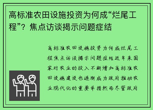 高标准农田设施投资为何成“烂尾工程”？焦点访谈揭示问题症结