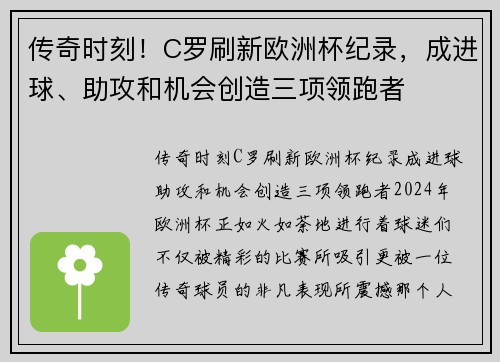 传奇时刻！C罗刷新欧洲杯纪录，成进球、助攻和机会创造三项领跑者